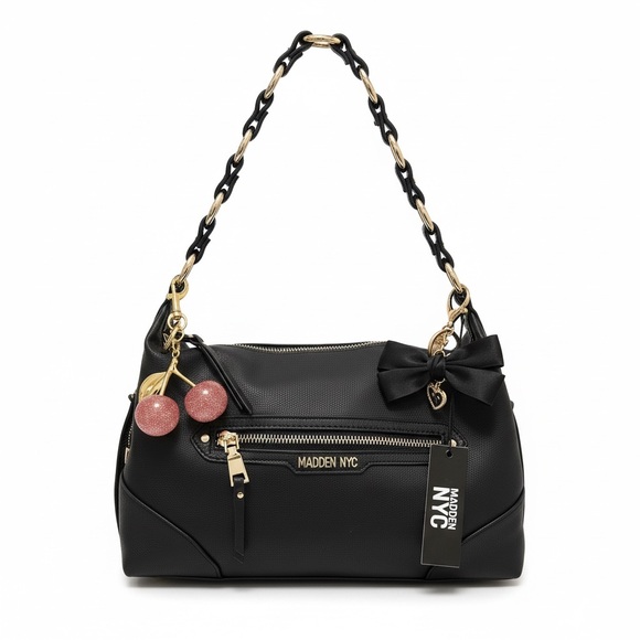 Steve Madden Black Shoulder Bag with Gold Accents and Bag Charms - Picture 2 of 11